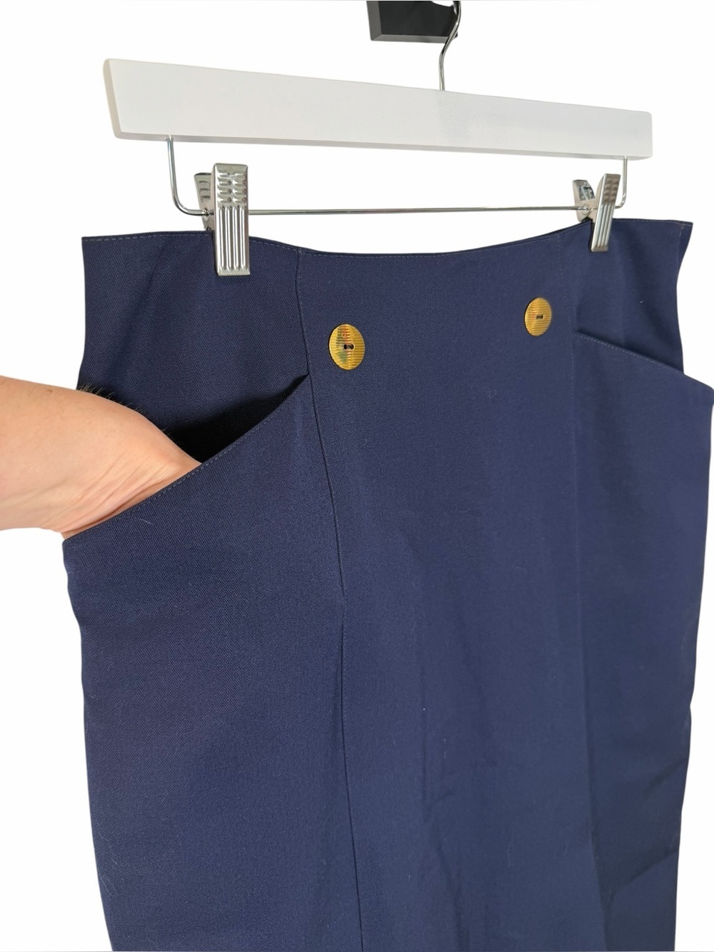 Vintage Deadstock Mr. Jax Navy Virgin Wool Pencil Midi Skirt Gold Button 14 NWT - Picture 3 of 11